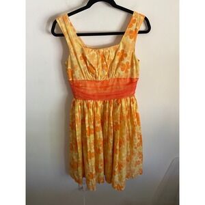 Masked Queen Womens Yellow Orange Floral Fit Flare Dress Square Neck Sash Size M